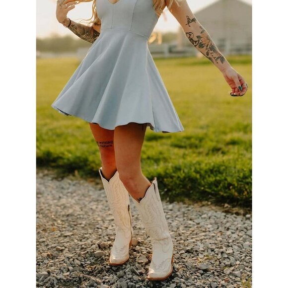 Women's White Vintage Chunky Tall Knee High Heel Western Embroidery Boots - Picture 7 of 7